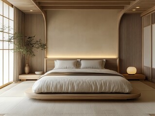 Beautiful minimalist bedroom interior with wooden details and neutral colors