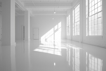 Obraz premium A clean and minimalist white room with soft lighting, featuring an empty doorframe and window on the right side of the picture. The floor is glossy and reflective, creating a serene atmosphere. 