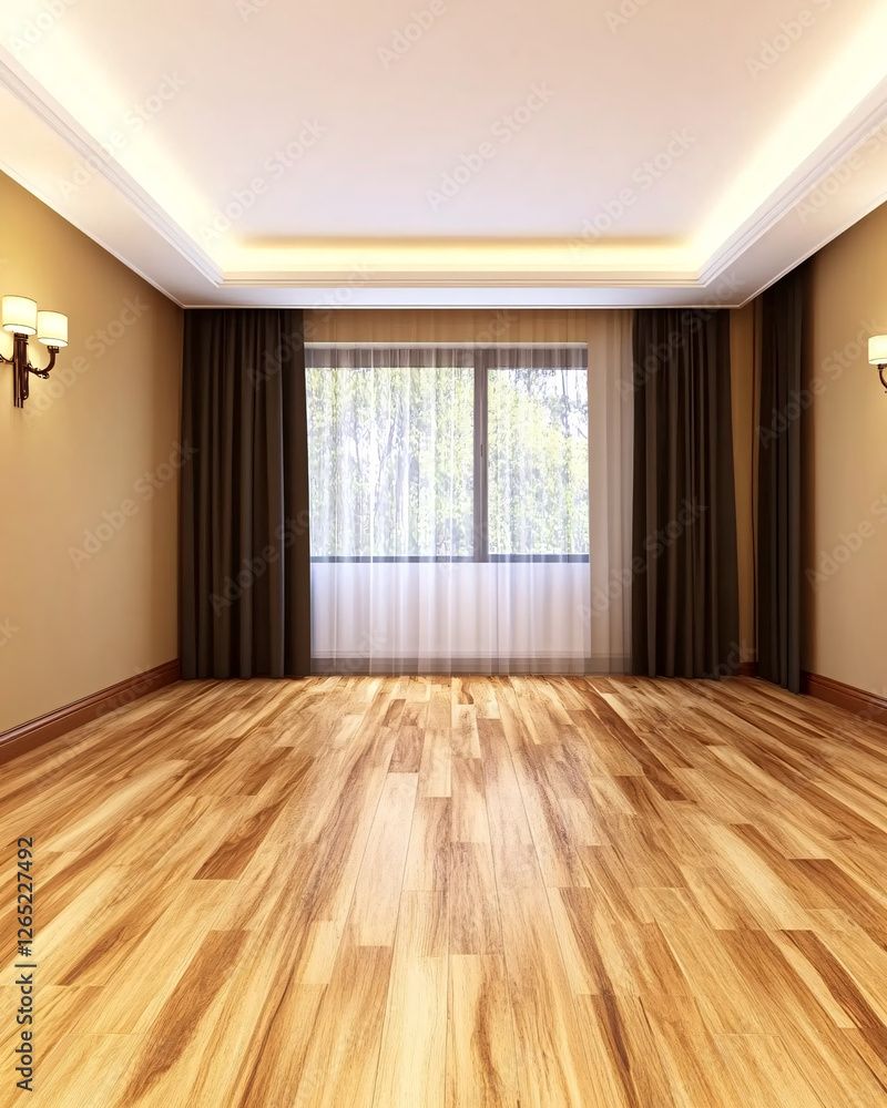 Wall mural Empty room with wood flooring, brown curtains, and a window revealing trees in the distance.