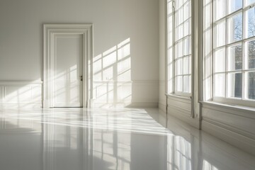 Fototapeta premium A clean and minimalist white room with soft lighting, featuring an empty doorframe and window on the right side of the picture. The floor is glossy and reflective, creating a serene atmosphere. 