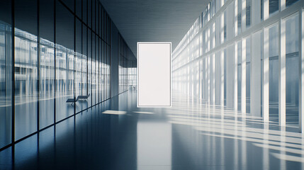 Fototapeta premium Sunlit corridor with reflective floor, large windows, a hanging blank frame, and a chaise lounge.