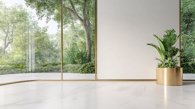 Bright, minimalist space featuring a lush green garden view through expansive windows and a vibrant potted plant.