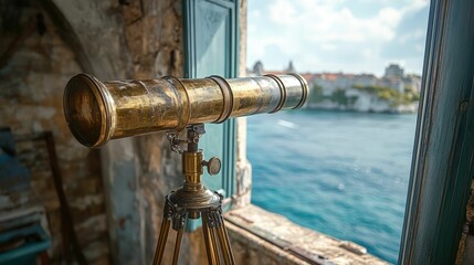 Antique brass telescope overlooking coastal city