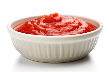 Tasty tomato paste in a bowl on white background