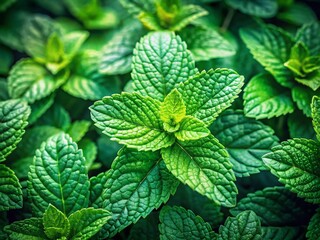 Vibrant Green Mint Leaves Background Texture: Herbal Pattern with Bokeh Effect - Stock Photo