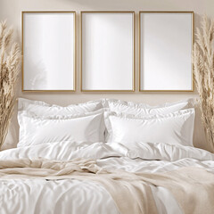 Cozy bedroom scene with a soft white bed, three gold-framed blank canvases, and decorative dried pampas grass.
