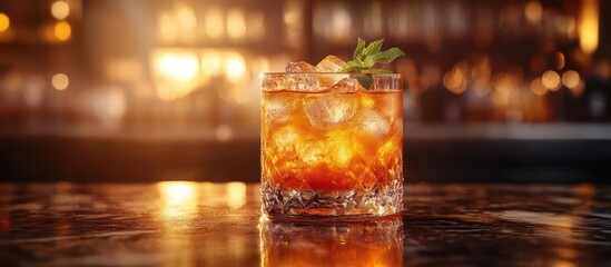 Iced amber cocktail in rocks glass on bar.