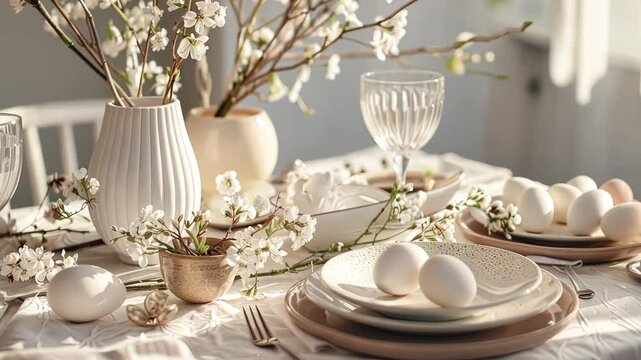 Explore a stunning spring table layout featuring eggs, delicate flowers, and soft lighting, creating a warm, inviting atmosphere