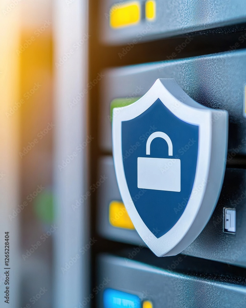 Poster digital security shield symbol on server background with bright lights