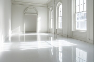 Fototapeta premium A clean and minimalist white room with soft lighting, featuring an empty doorframe and window on the right side of the picture. The floor is glossy and reflective, creating a serene atmosphere. 
