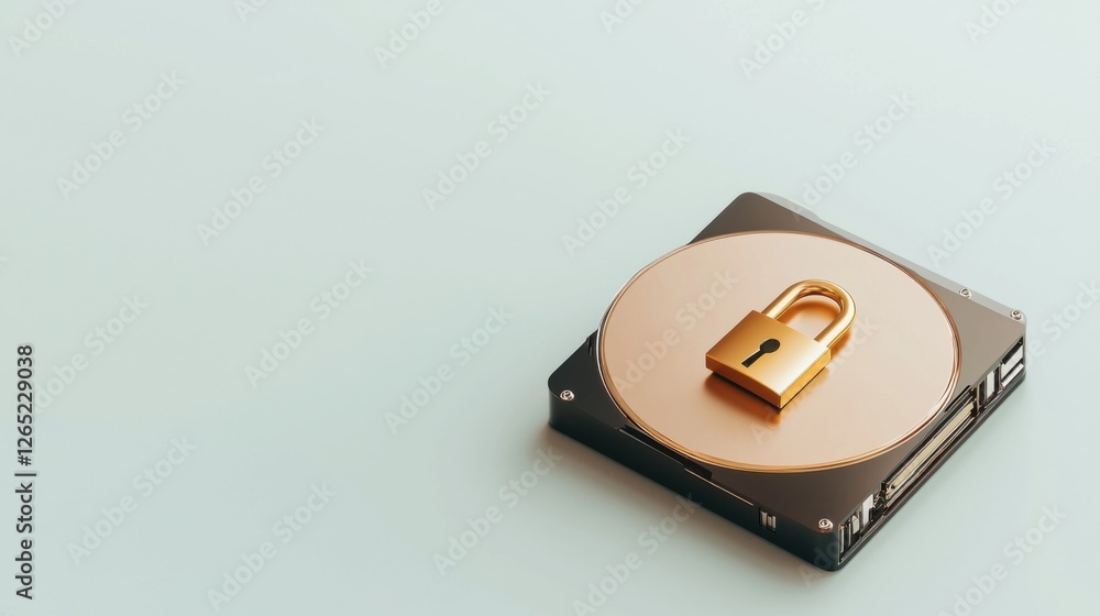 Poster modern hard drive with golden padlock symbolizing data security