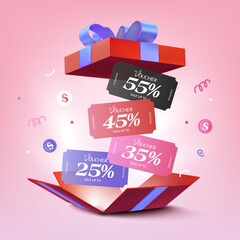 3d colorful minimal coupons inside a opened collapsed luxury gift box, isolated on white background. Special gift voucher with coupon code for discount event. 3d premium gift voucher vector. Vector