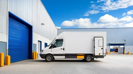 Delivery van parked near warehouse with clear blue sky and clouds in the background