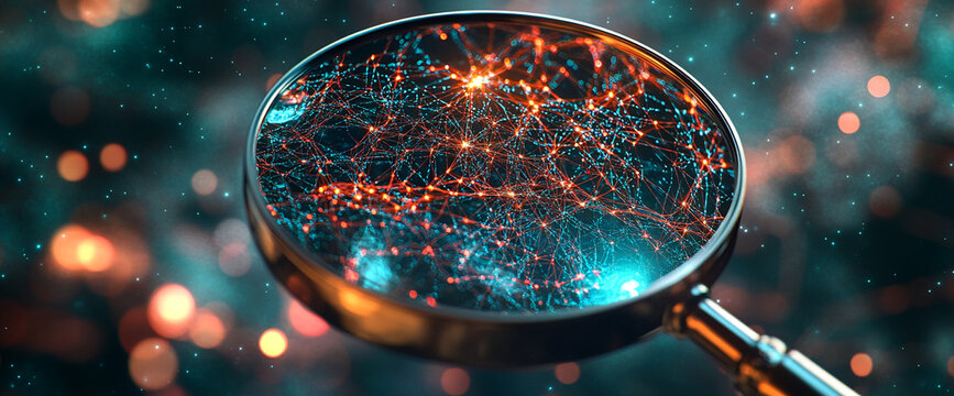 A magnifying glass focusing on a glowing digital network of red and blue connections, representing data analysis, exploration of technology, and the concept of network discovery.