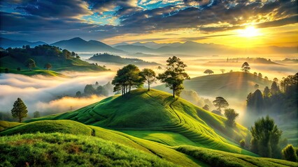 Fototapeta premium Stunning Double Exposure: Morning Green Hilltop Viewpoint