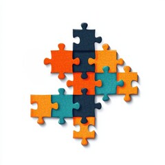 Colorful puzzle pieces arranged creatively, showcasing a mix of orange, blue, and teal hues.