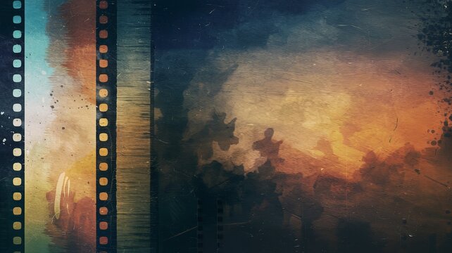 Textured abstract background with film reels on the left and a gradient from deep blue to warm orange on the right. Vintage specks and scratches add a weathered, nostalgic feel