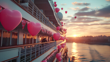 Cruise Ship Decorated With Pink Heart Balloons At Sunset