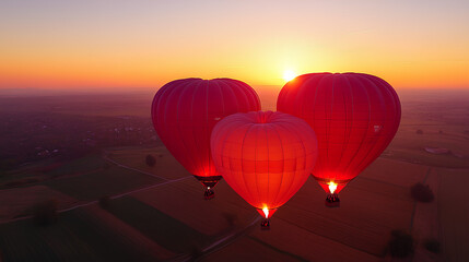 Fototapeta premium Heart Shaped Hot Air Balloons Sunrise Landscape