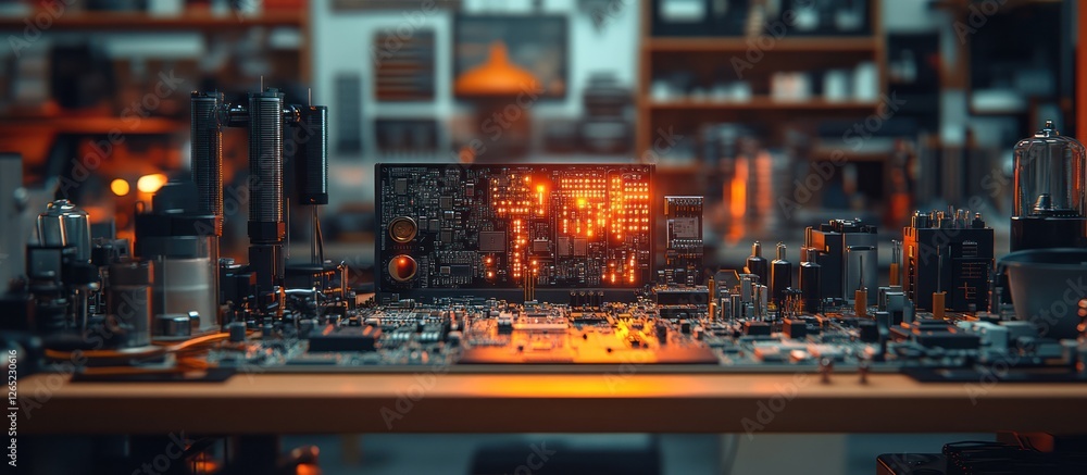 Poster electronic circuit board with illuminated components.