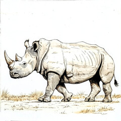 Obraz premium Rhino walking across dry savanna looking powerful and strong on sunny day