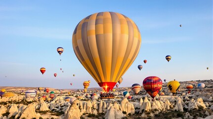 Obraz premium Hot air balloon festival in Cappadocia, Turkey, with colorful balloons flying over rocky landscapes