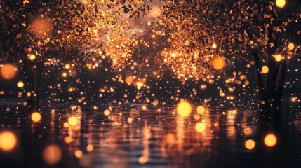 Naklejka premium Enchanting evening scene of shimmering lights and reflected trees in tranquil water, creating a magical atmosphere in nature