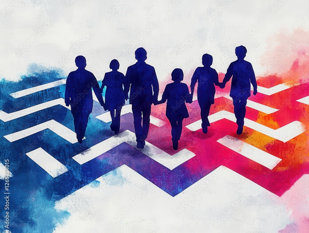 Poster a group of silhouetted figures walking hand in hand across a colorful, abstract maze, symbolizing un
