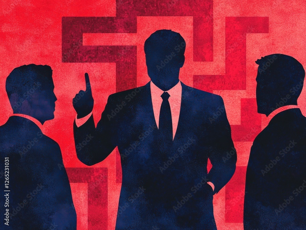 Poster a silhouetted figure gestures while two others listen, set against a bold red and dark blue backgrou