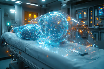 a futuristic medical scene where a transparent holographic figure of a person lies on an operating or examination table, filled with glowing blue and orange networks. 