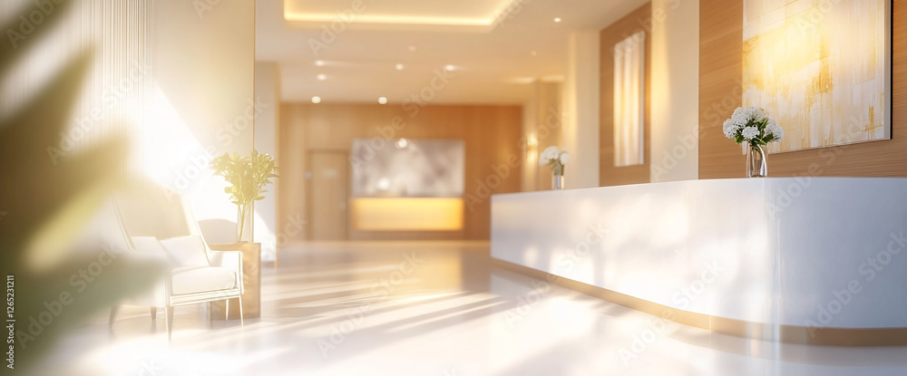 Poster modern and bright reception area with a clean design, featuring a white reception desk, artwork on t
