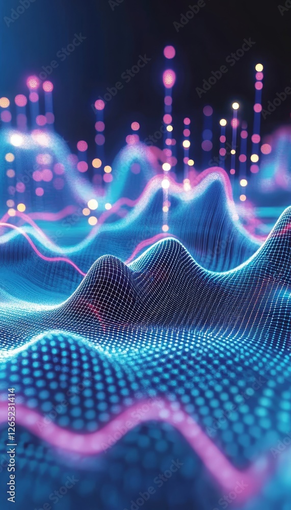 Poster abstract data visualization with glowing lines and grids on dark blue, technology background.