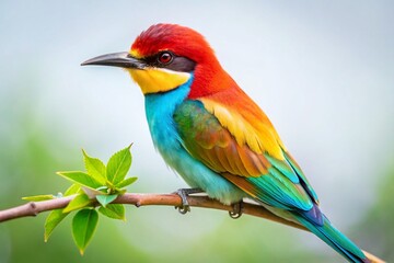 Obraz premium Vibrant Multicolored Bird on Branch - Green, Blue, Red Head - Isolated White Background Stock Photo