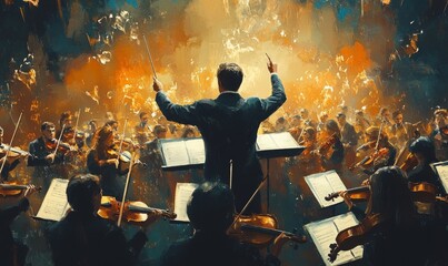 Artistic of a conductor leading a symphony orchestra, with baton raised, amidst a sea of musicians immersed in their instruments, conveying the power and grandeur of orchestral, Generative AI