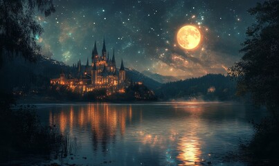 Enchanting Nighttime Castle with Reflective River and Glowing Full Moon under a Starry Sky, Generative AI