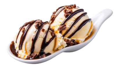 Delicious ice cream with chocolate drizzle.
