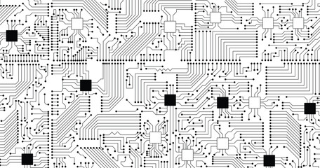 Technology black circuit diagram. High-tech circuit board connection system. Vector abstract technology on white background.