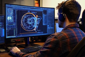 A mechanical engineer working on a 3D model in CAD software on a large monitor