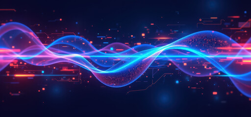 Obraz premium A digital graphic representing concepts related to DevOps, software development, and cloud computing with a dynamic wave of colors.