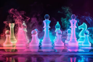 Glass chess pieces are standing on a chessboard with neon pink and blue lights reflecting on the surface, creating a futuristic and strategic atmosphere	
