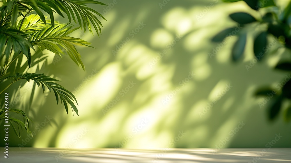 Poster blurred shadow from palm leaves on green wall. minimal abstract background for product presentation.