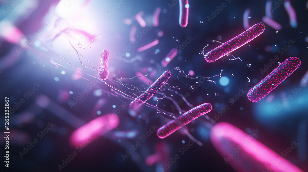 Poster artistic macro rendering of rod-shaped and spherical gut bacteria, dynamically moving in a nutrient-