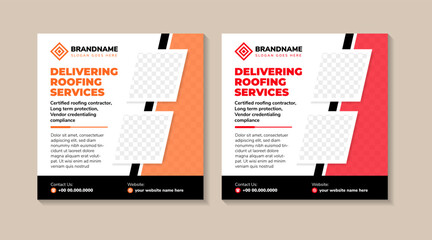 collection of delivering roofing service social media web square flyer poster with creative repair handyman banner post design template with diagonal shape of photo space. white background design