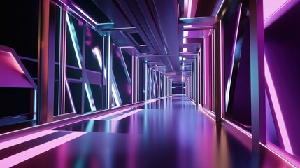 Fototapeta premium 3d, background, abstract Futuristic neon tunnel with geometric shapes and reflective metal surfaces