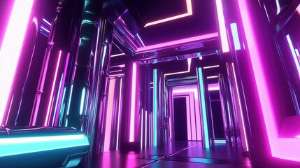 3d, background, abstract Futuristic neon tunnel with geometric shapes and reflective metal surfaces