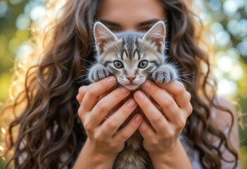 The girl with long dark hair is holding a small gray kitten in her hands against a natural background.

