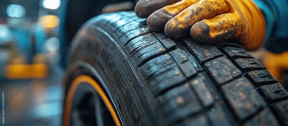 Poster close-up of a gloved hand inspecting a tire's tread depth and condition in a workshop.