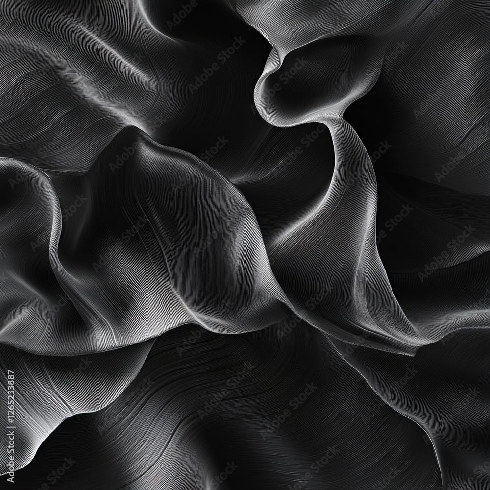 Poster abstract black silk texture background with flowing, wavy patterns and smooth gradients. horizontal 