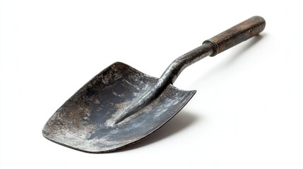 Old rusty shovel on white background, gardening tool