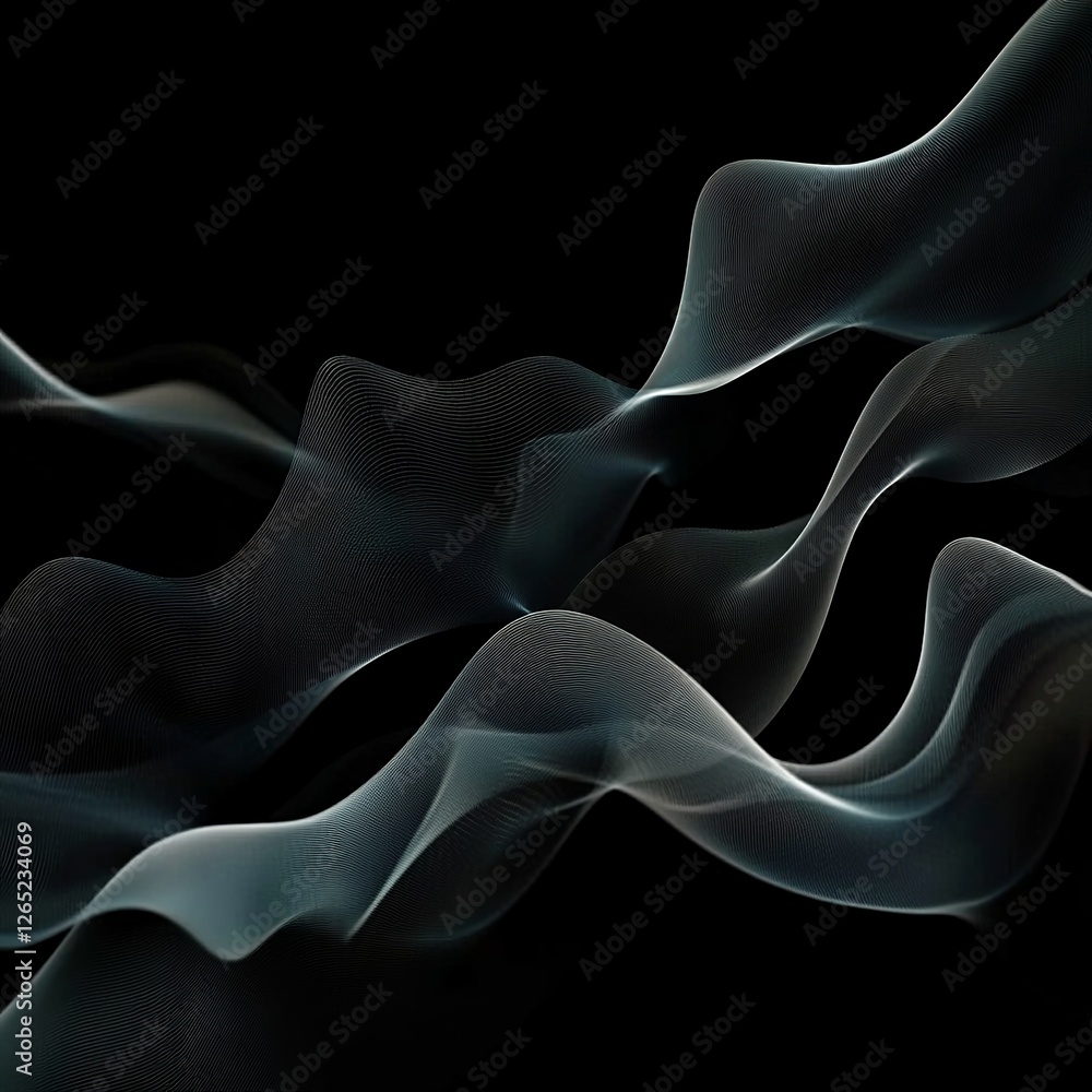 Poster abstract black silk texture background with flowing, wavy patterns and smooth gradients. horizontal 